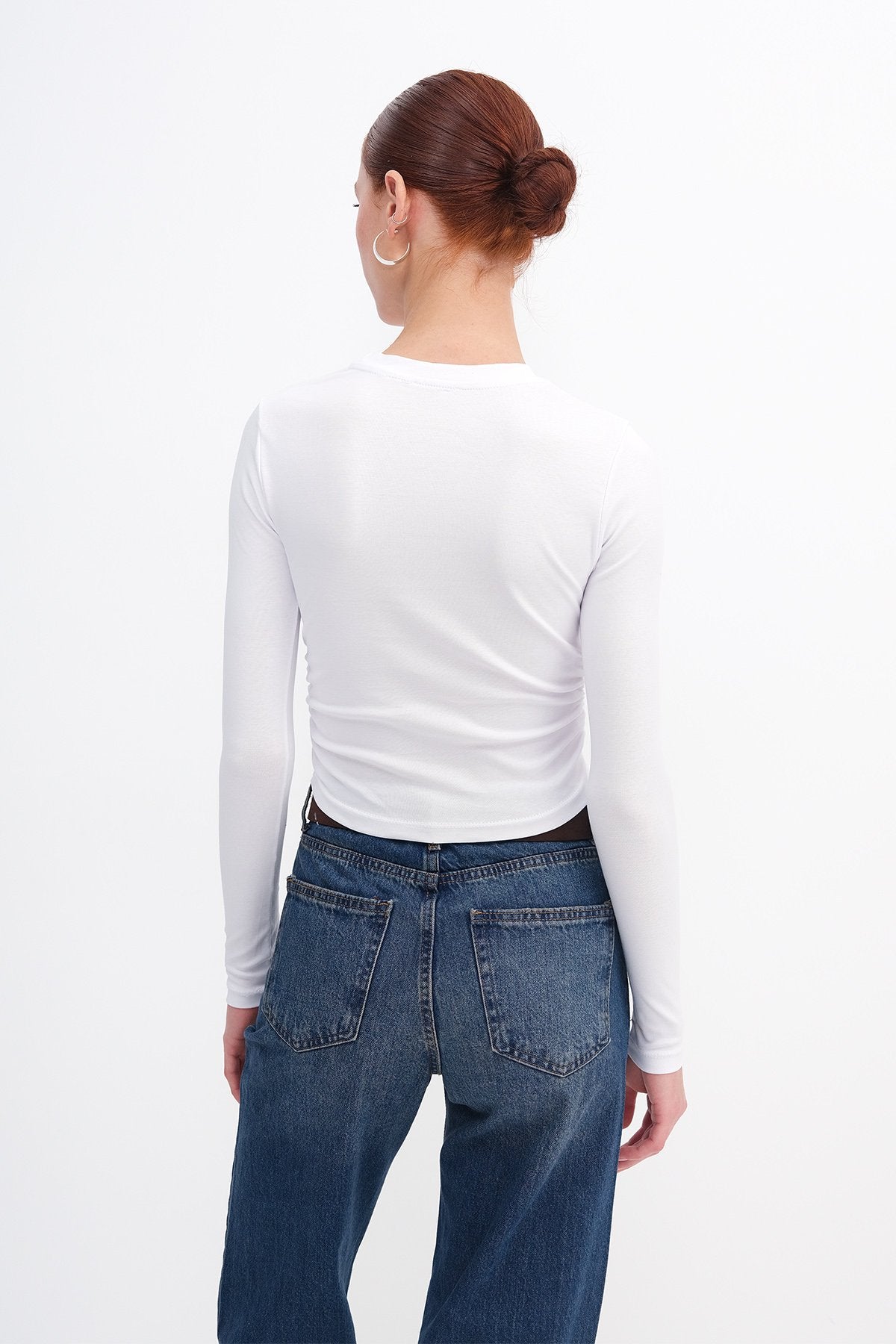White_Crew-Neck-Basic-Blouse- with-Gathered-Sides-addax