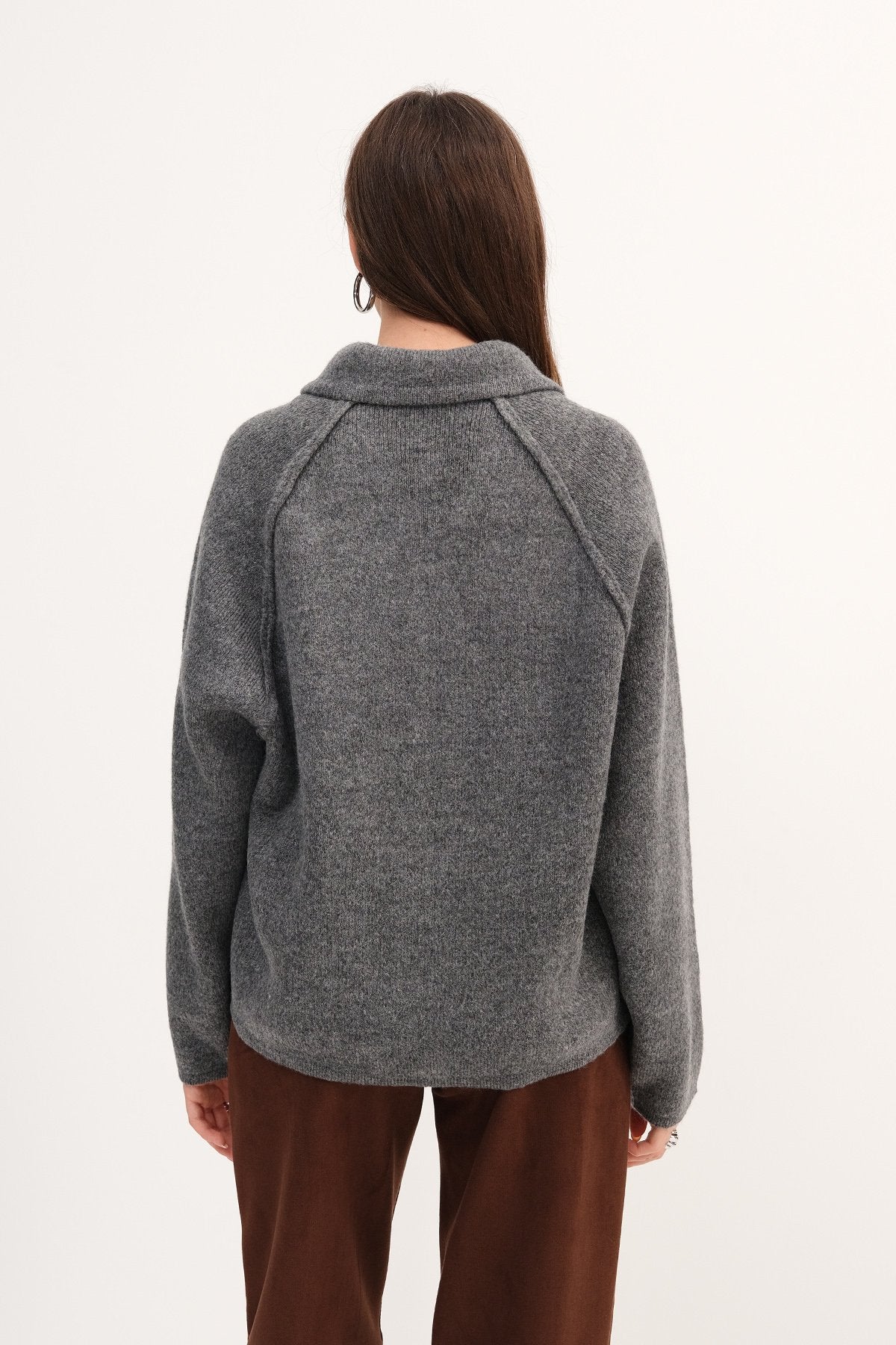 Lead-Grey_Polo-Neck-Zip-Up Knit-Cardigan-addax