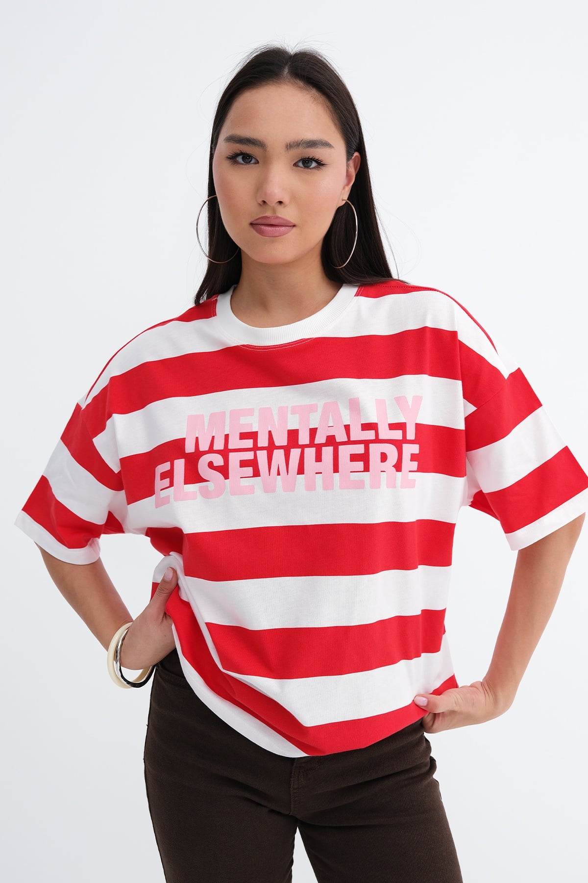 Red---Ecru_Slogan-Striped-T-shirt-addax