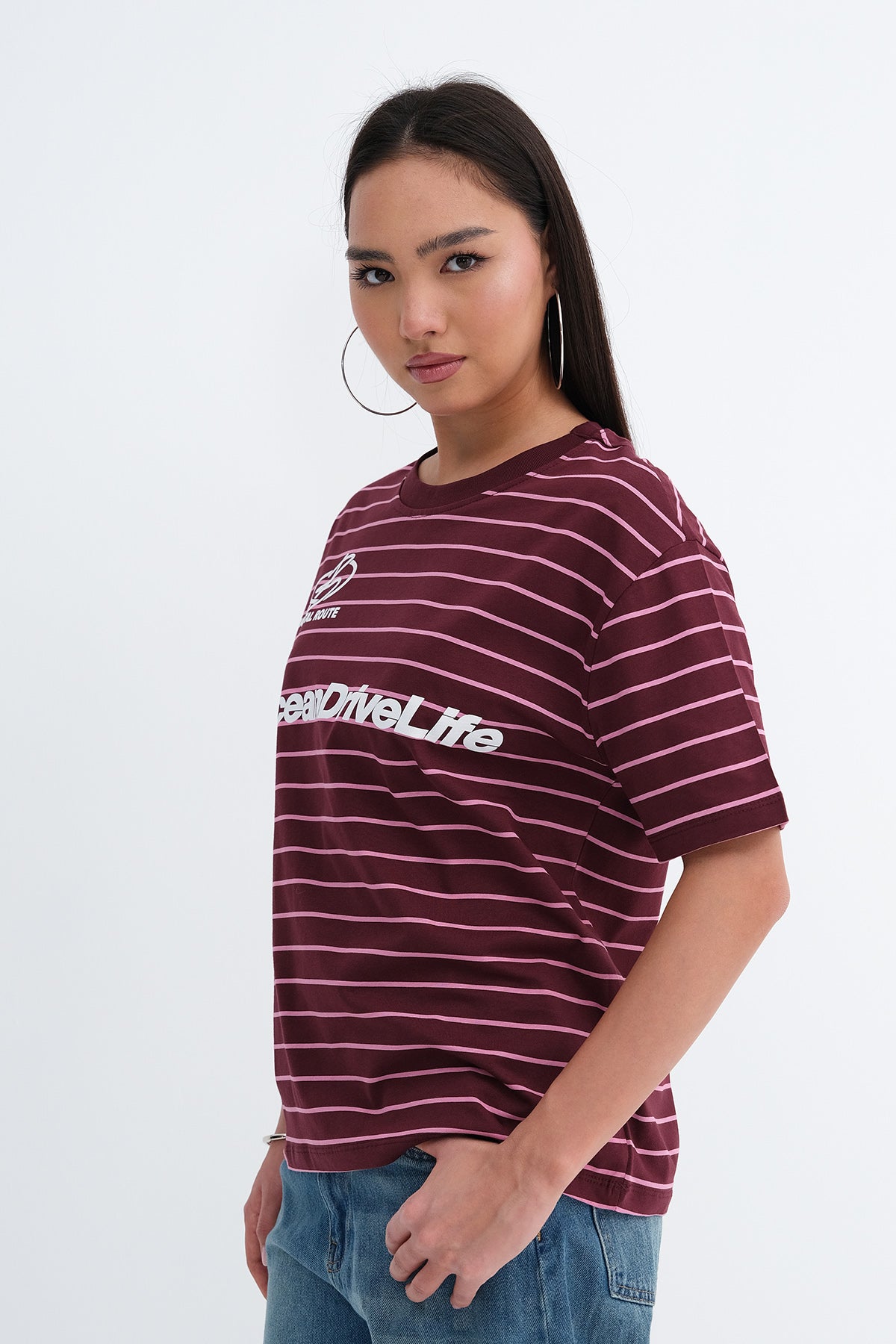 Burgundy---Pink_Printed-Striped-T-shirt-addax