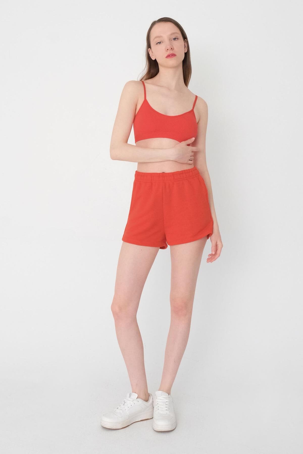 Orange-Red_Elastic-Waist-Shorts-With-Pocket-addax