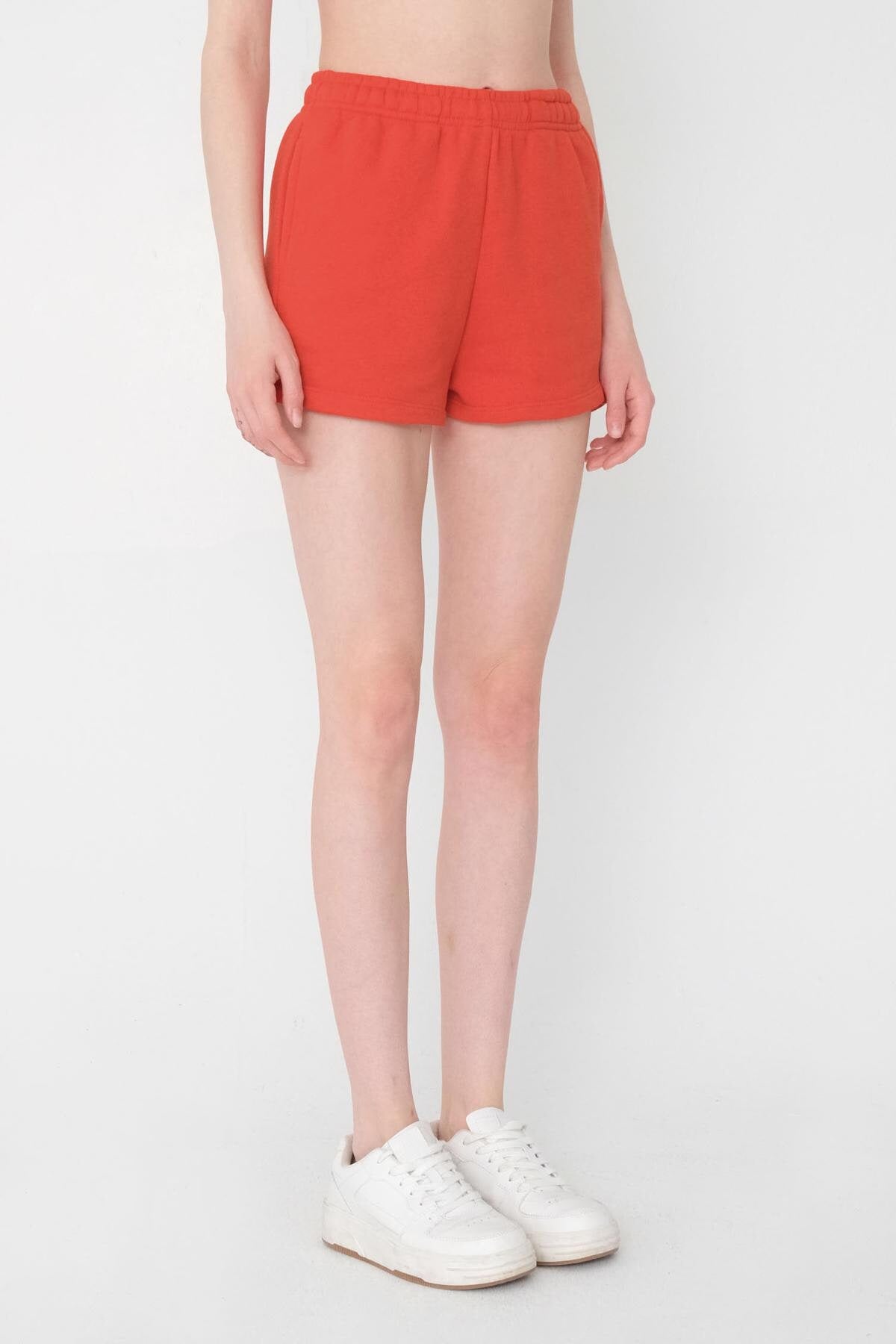 Orange-Red_Elastic-Waist-Shorts-With-Pocket-addax