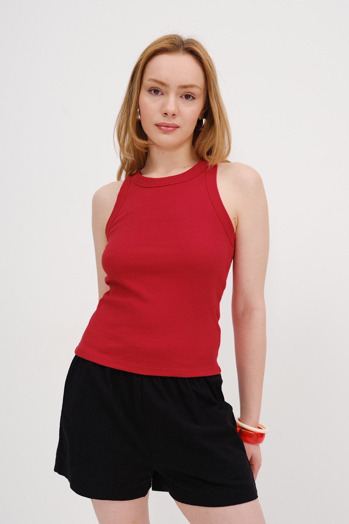 Bright-Red_Halter-Neck-Top-With-Ribbed-addax