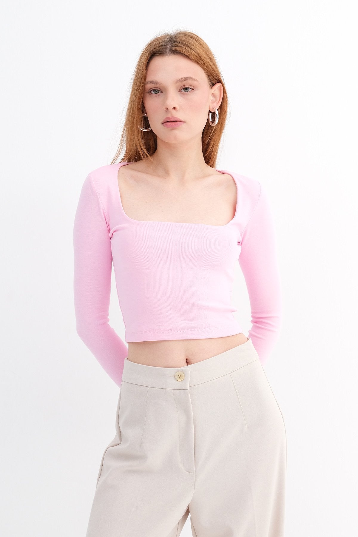 Pink_Square-Neck-Basic-Blouse-With-Long-Sleeve-addax