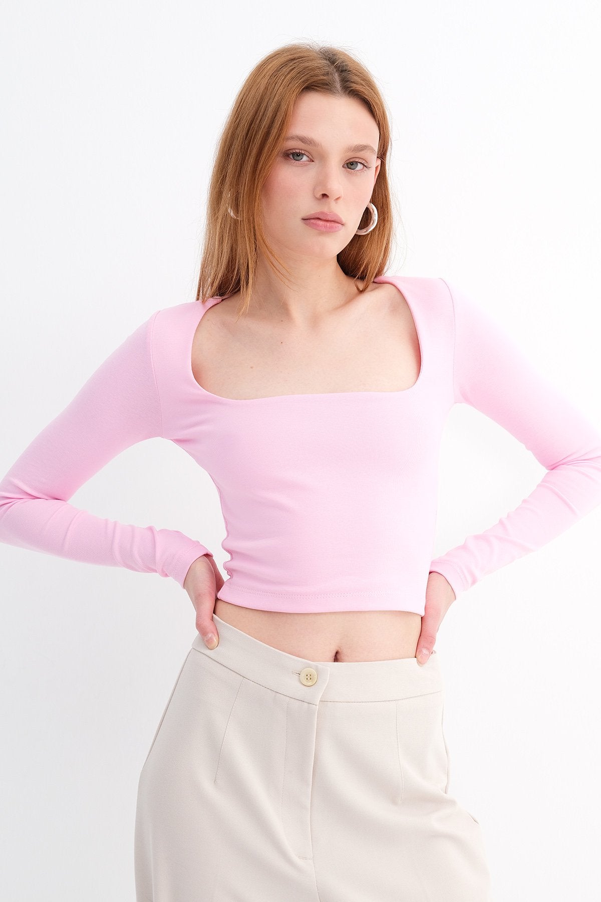 Pink_Square-Neck-Basic-Blouse-With-Long-Sleeve-addax