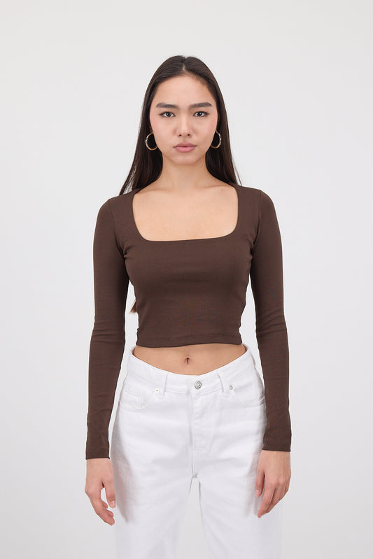 Brown_Square-Neck-Basic-Blouse-With-Long-Sleeve-addax