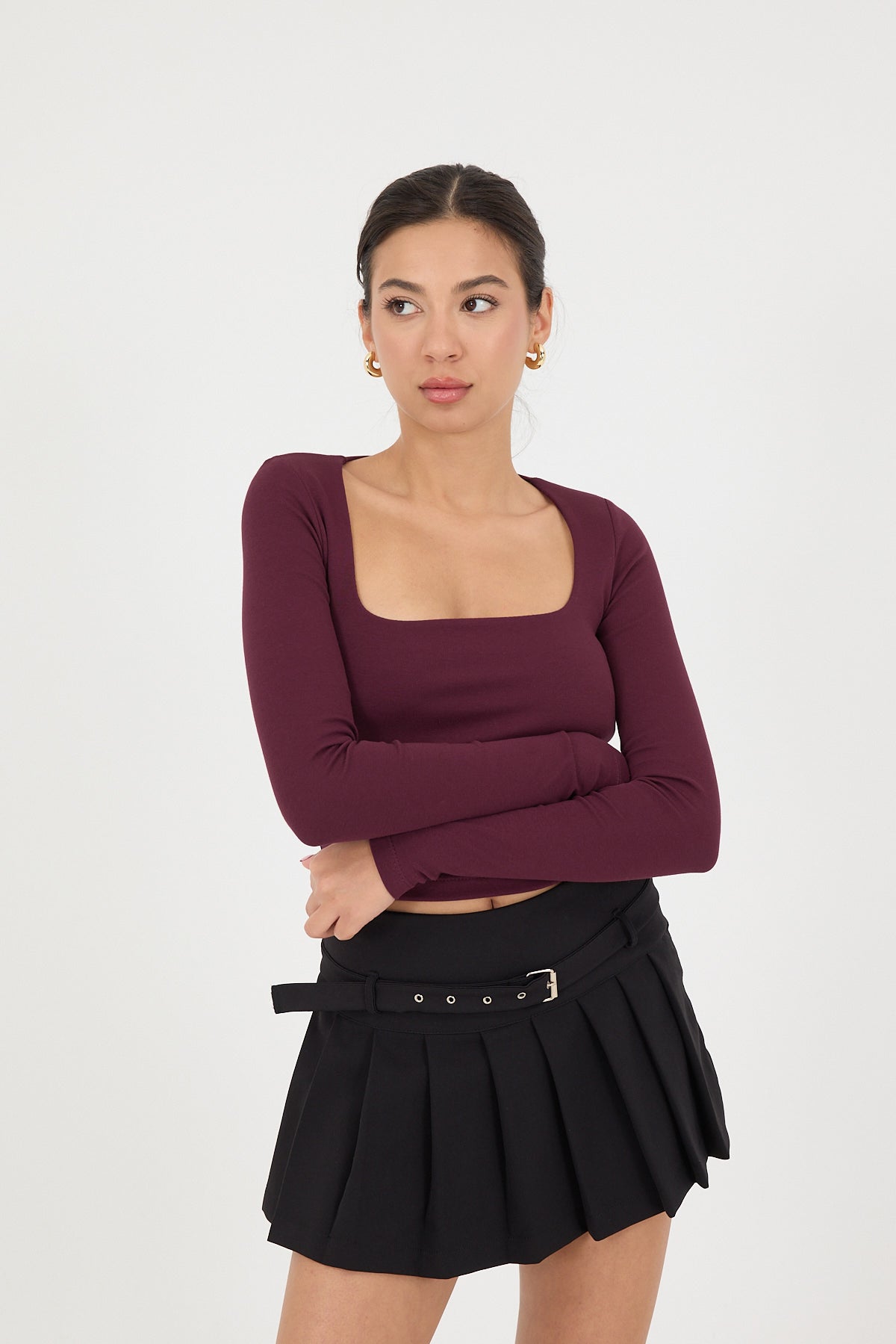 Burgundy_Square-Neck-Basic-Blouse-With-Long-Sleeve-addax