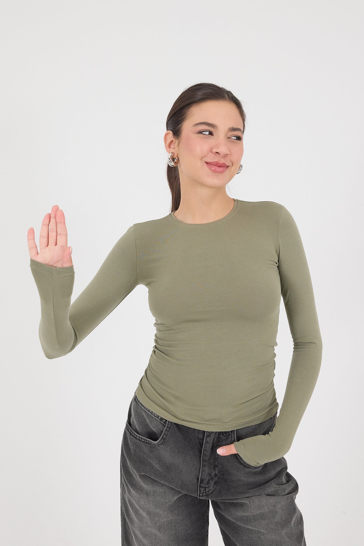 Oil-Green_Round-Neck-Basic-Blouse-addax
