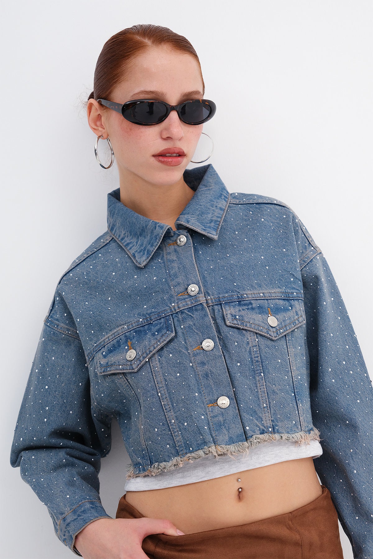 Stone-Detail Cropped Denim Jacket