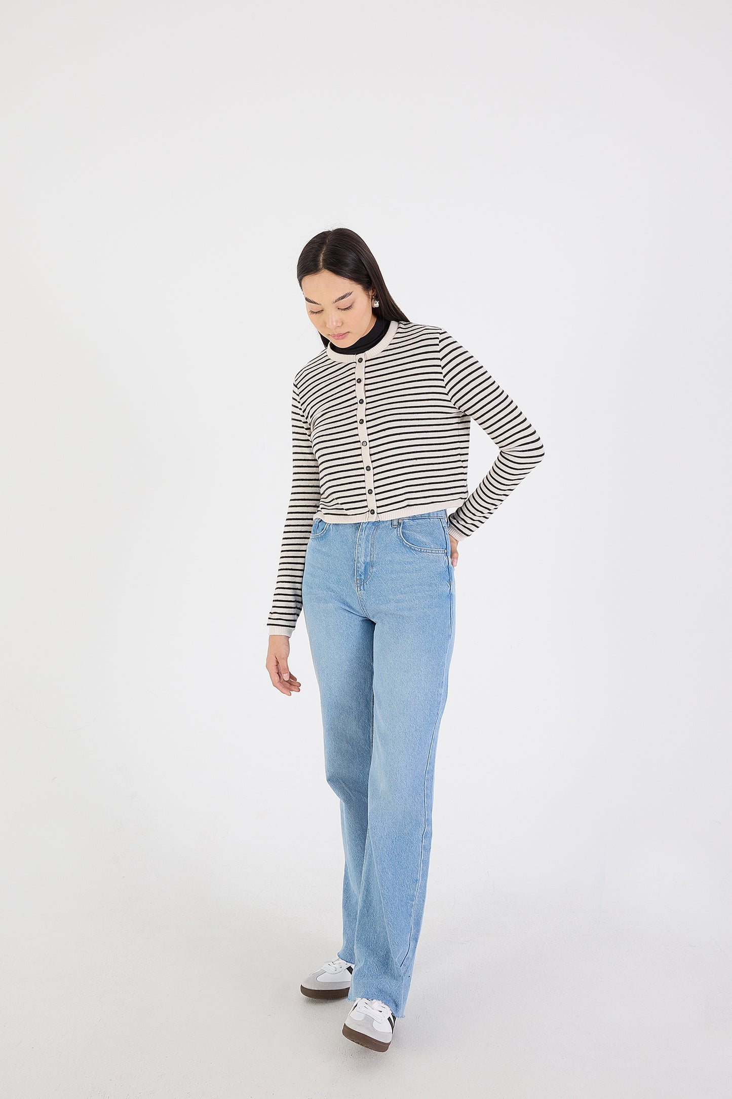 Beige---Black_Cardigan-With-Striped-addax