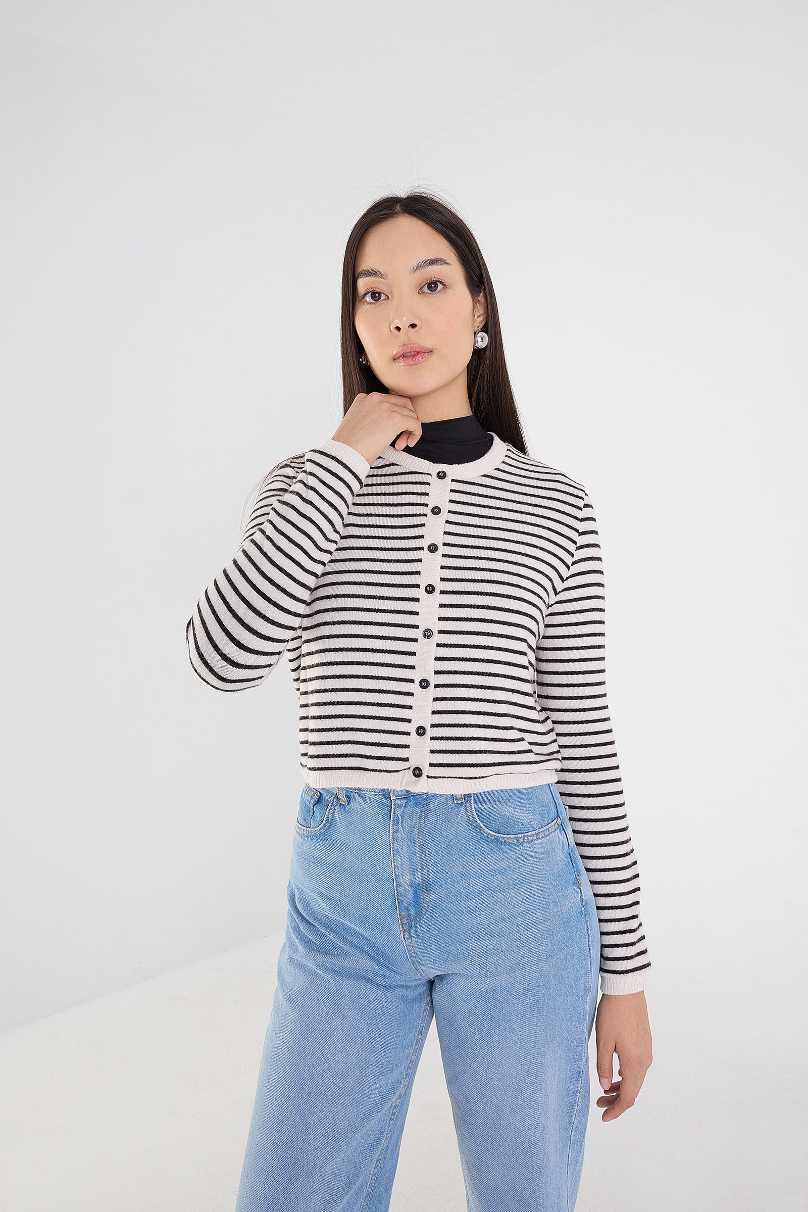 Beige---Black_Cardigan-With-Striped-addax