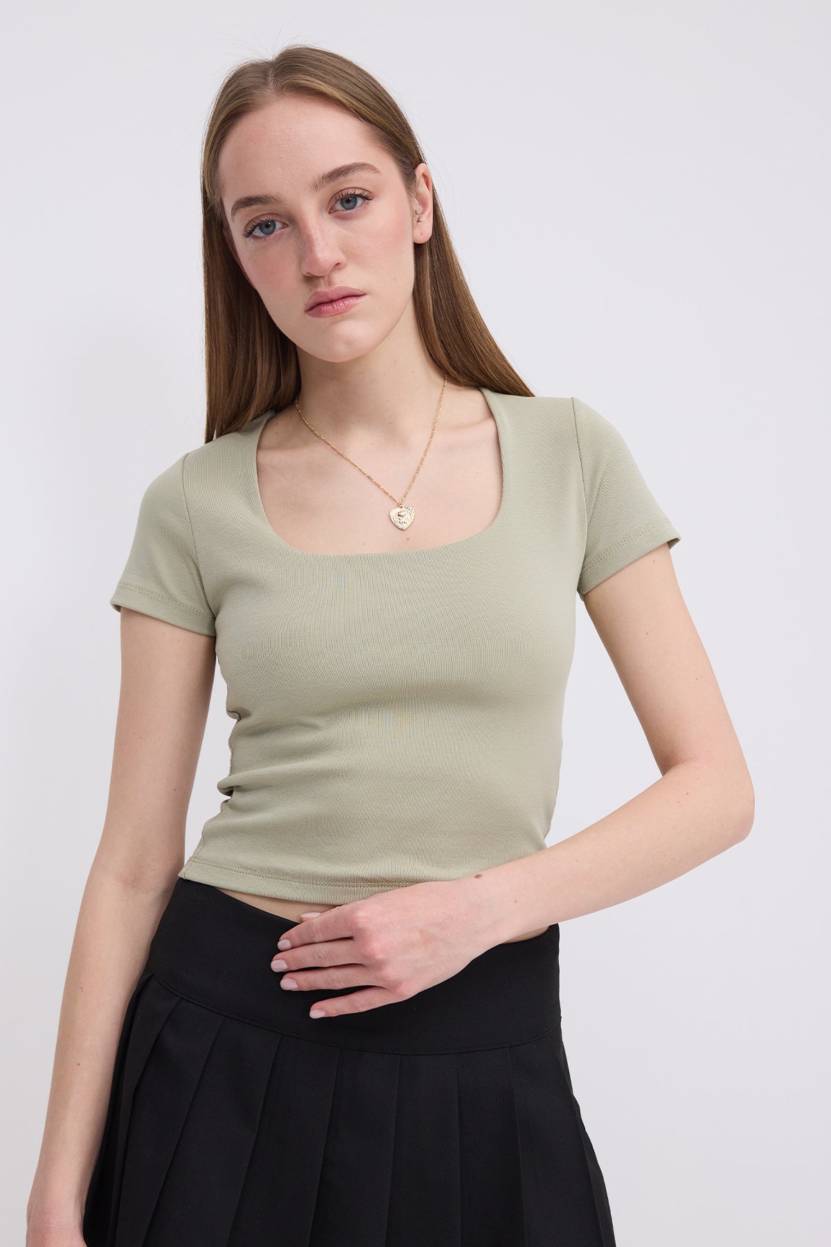 Khaki_Square-Neck-Basic-Blouse-With-Short-Sleeve-addax