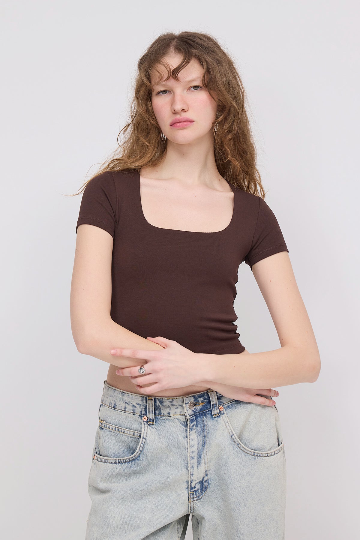 Brown_Square-Neck-Basic-Blouse-With-Short-Sleeve-addax