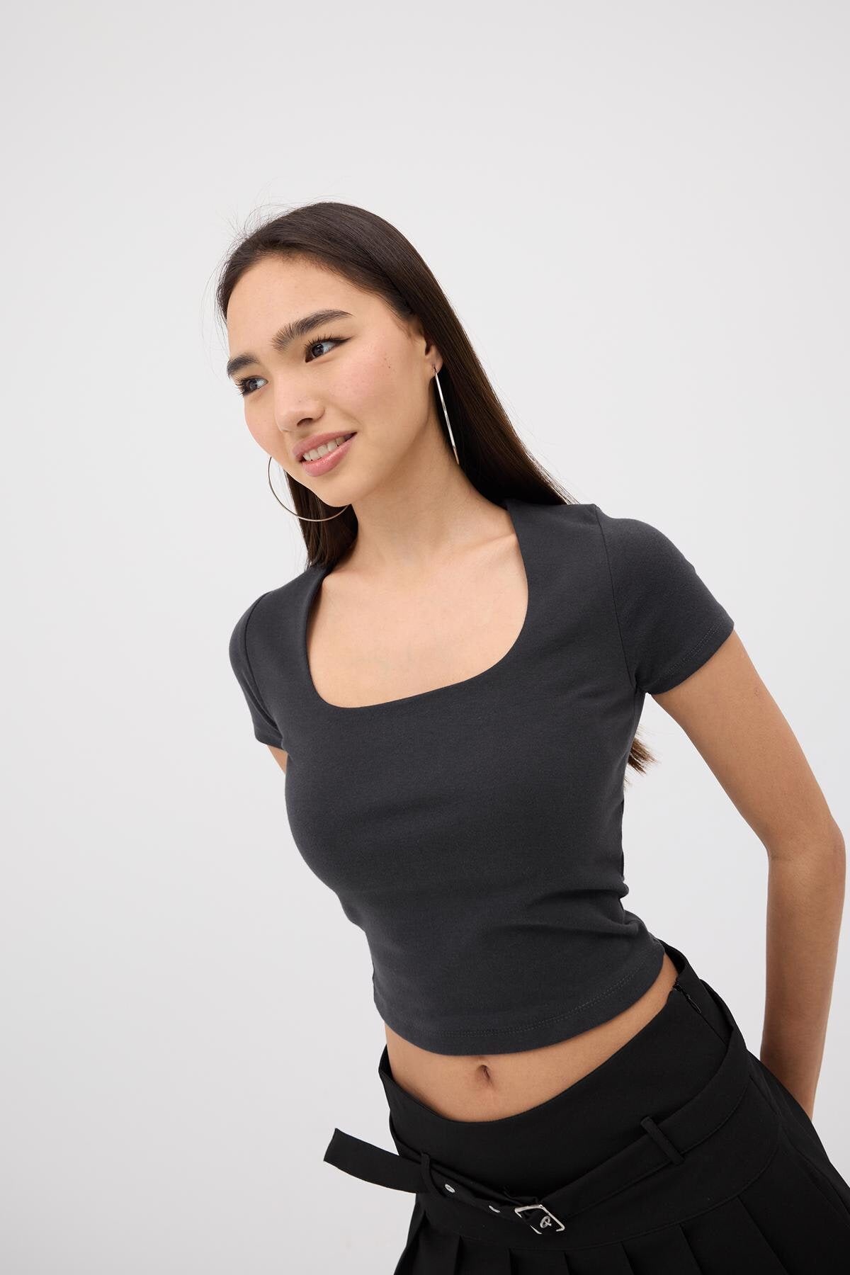 Charcoal_Square-Neck-Basic-Blouse-With-Short-Sleeve-addax