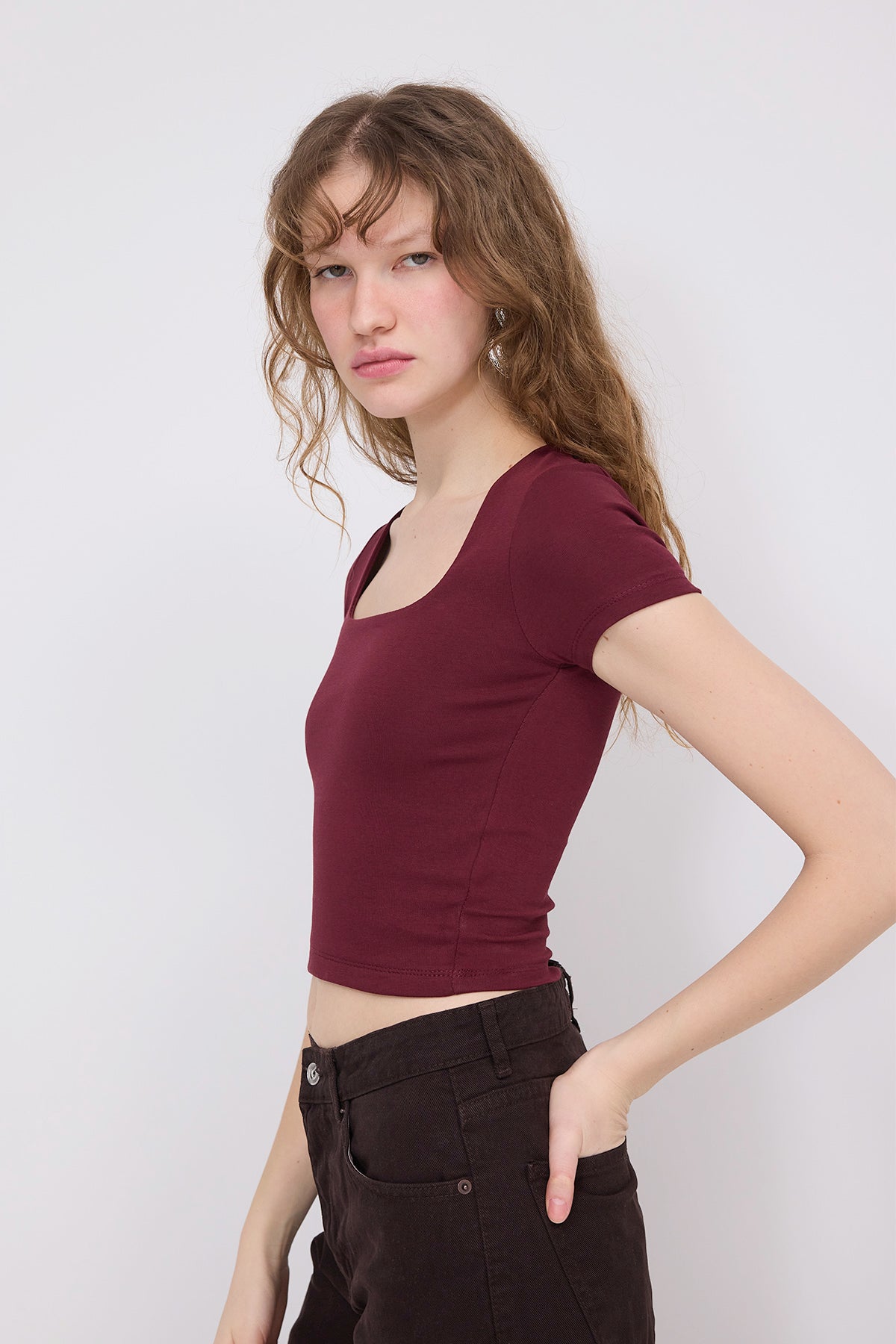 Burgundy_Square-Neck-Basic-Blouse-With-Short-Sleeve-addax