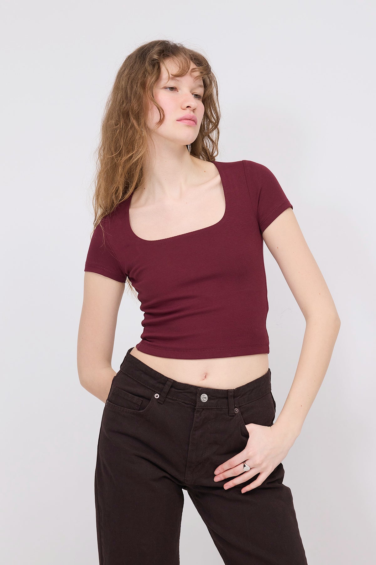 Burgundy_Square-Neck-Basic-Blouse-With-Short-Sleeve-addax