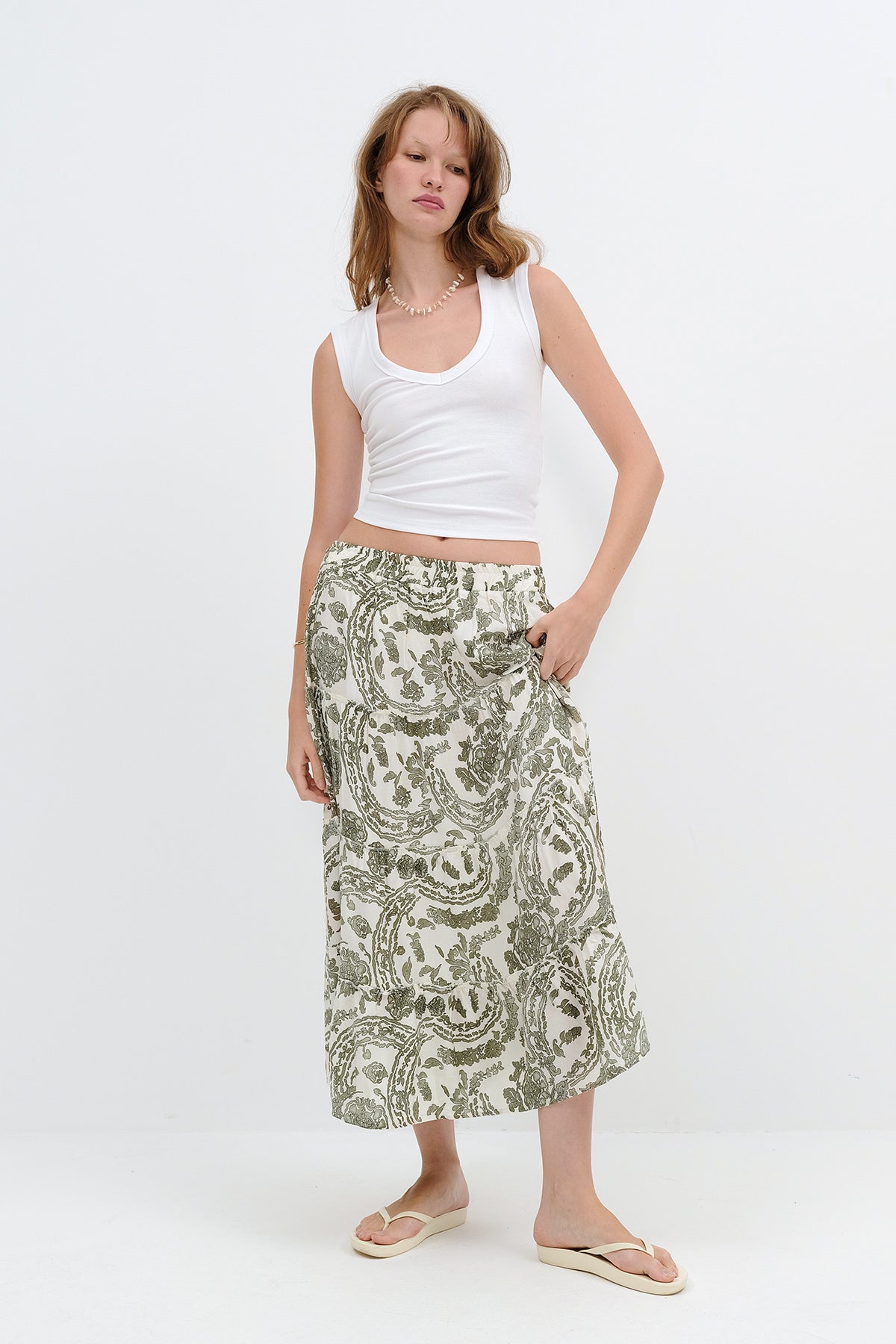 Oil-Green_Floral-Long-Skirt-addax