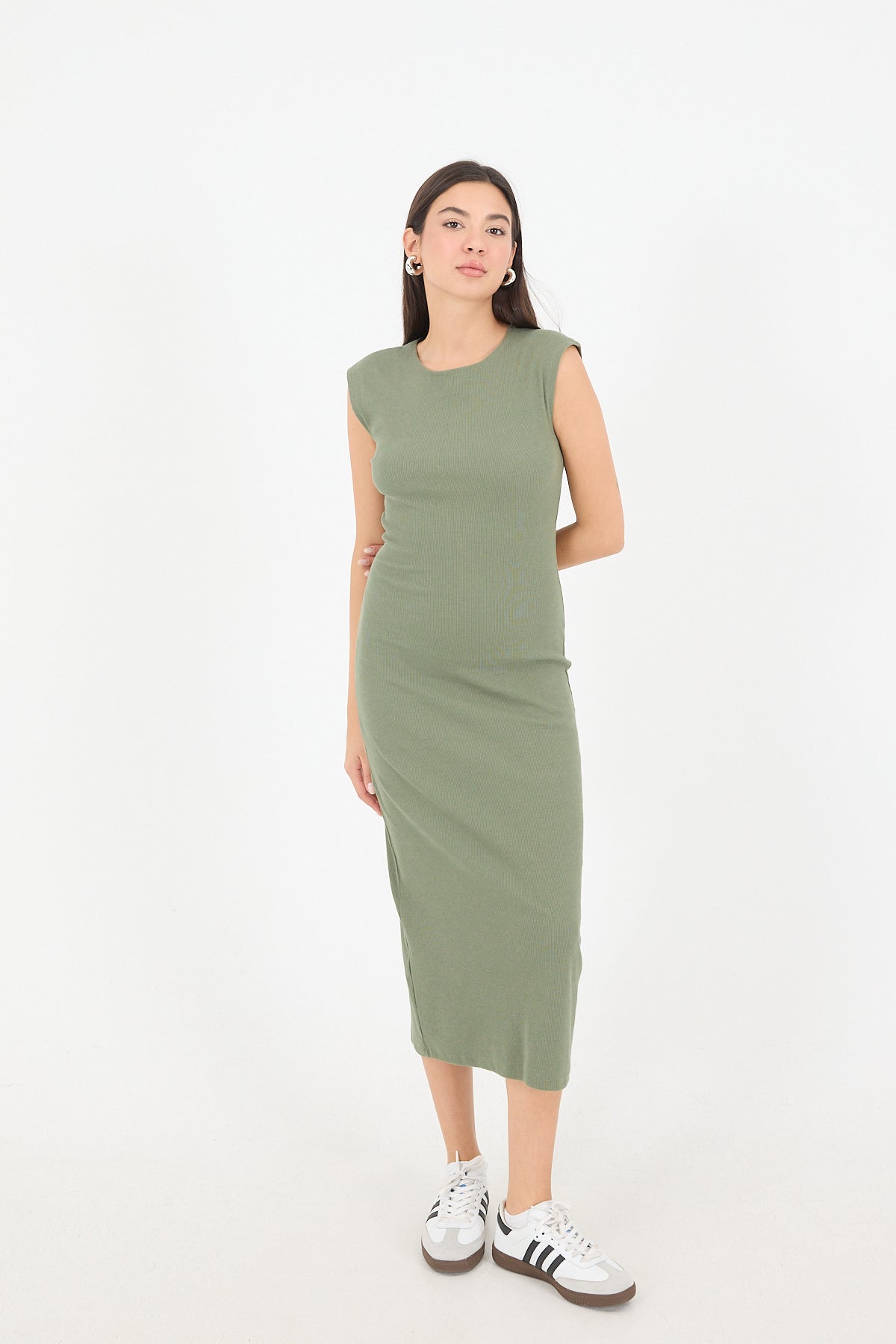 Oil-Green_Ribbed-Midi-Dress-addax
