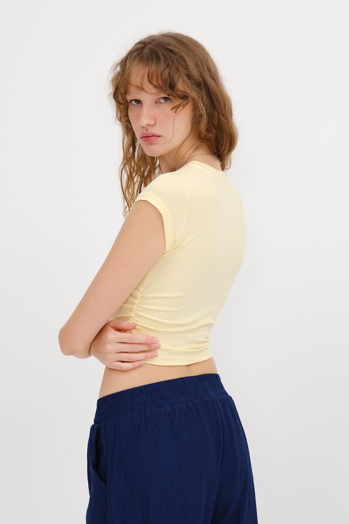Yellow_Crew-Neck-Side-Gathered-Blouse-addax