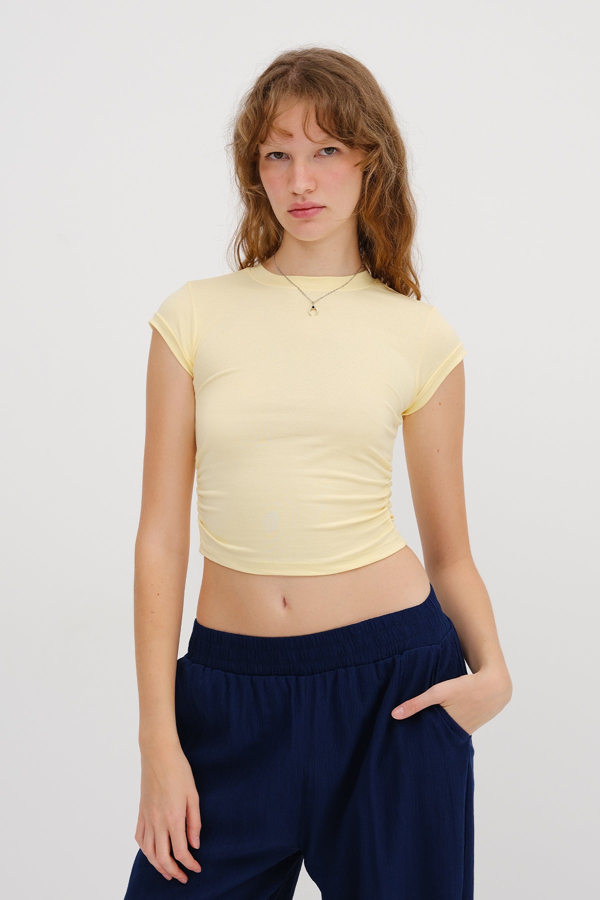 Yellow_Crew-Neck-Side-Gathered-Blouse-addax