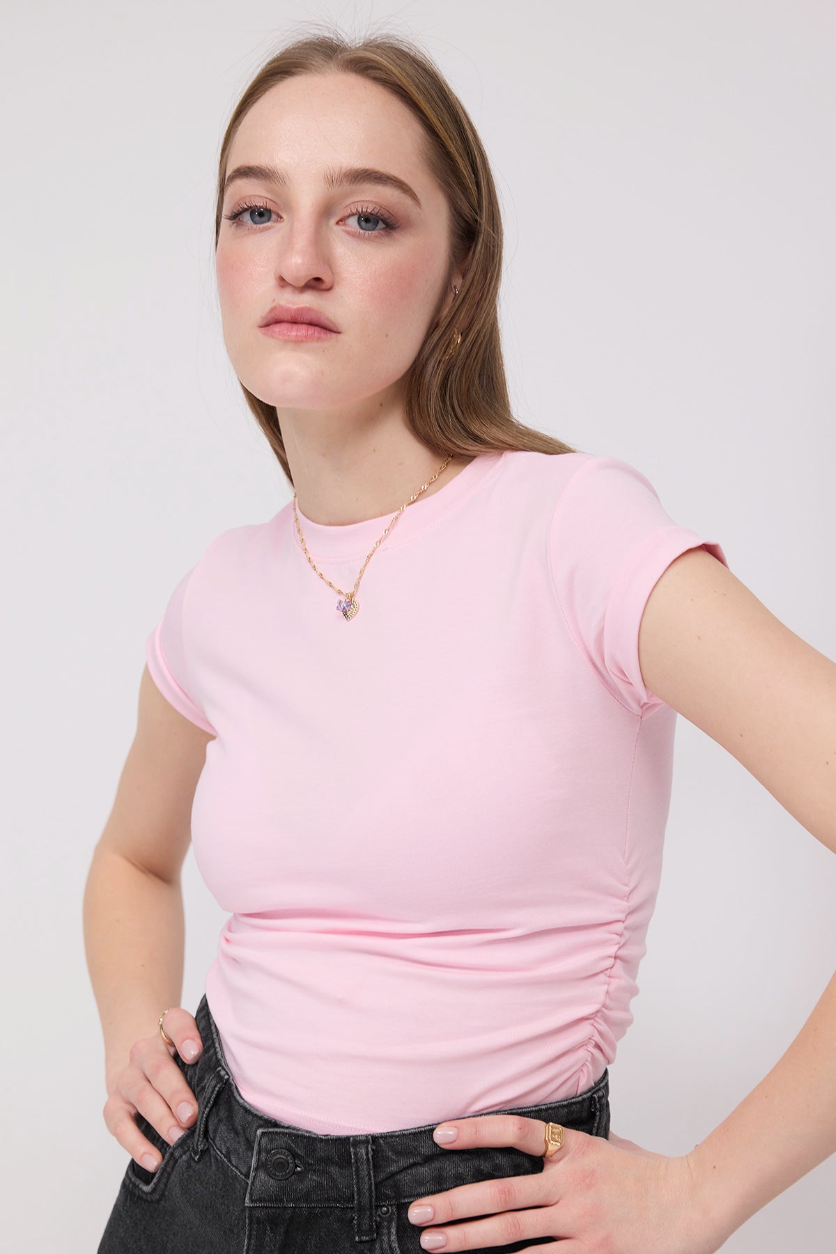 Pink_Crew-Neck-Side-Gathered-Blouse-addax
