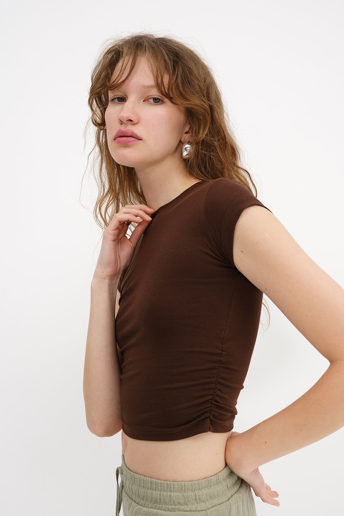 Brown_Crew-Neck-Side-Gathered-Blouse-addax