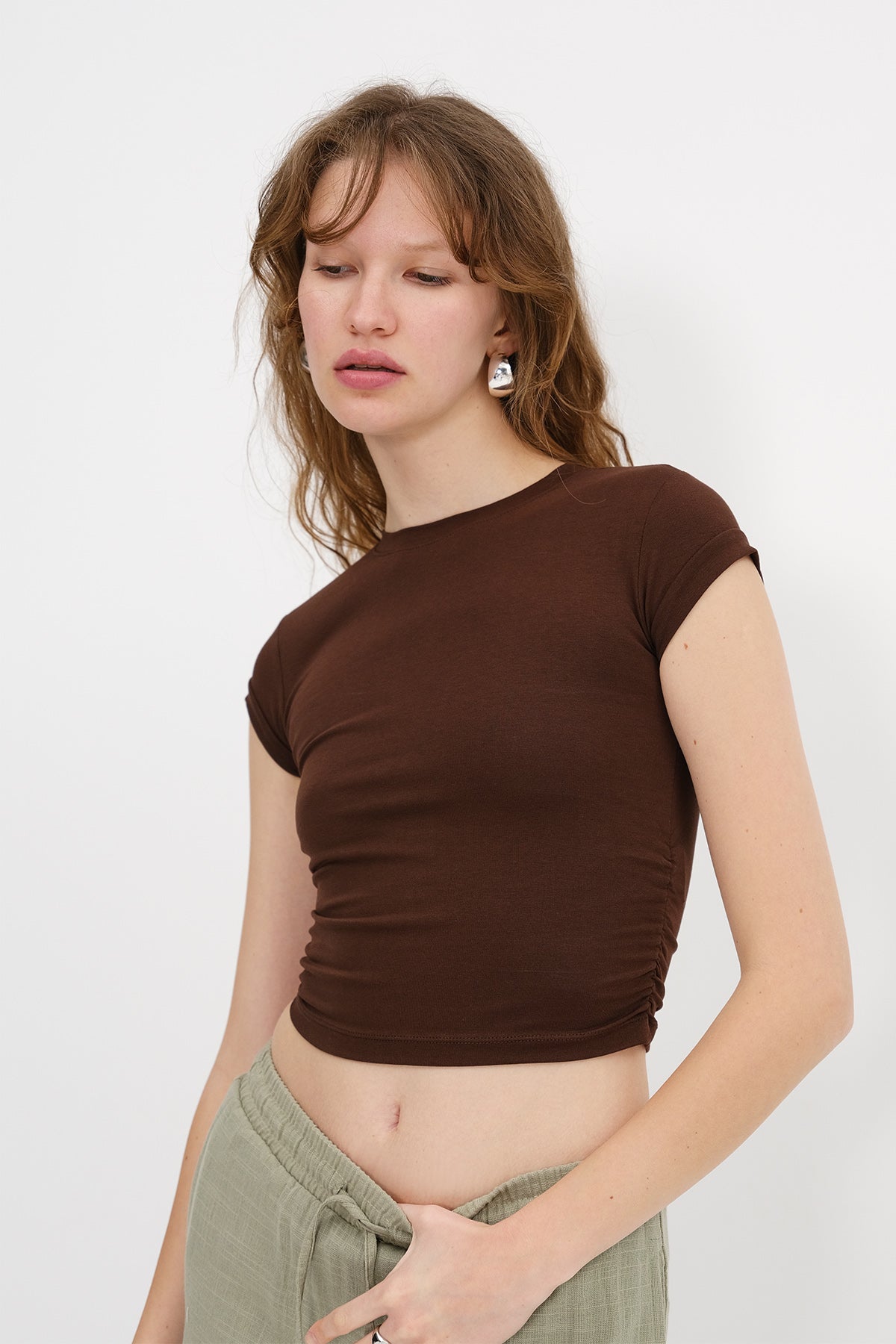 Brown_Crew-Neck-Side-Gathered-Blouse-addax