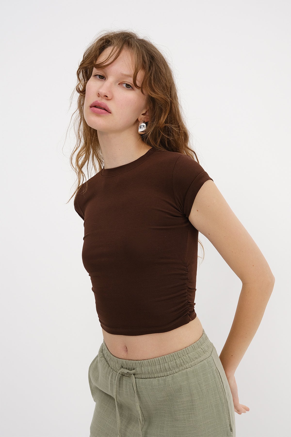 Brown_Crew-Neck-Side-Gathered-Blouse-addax