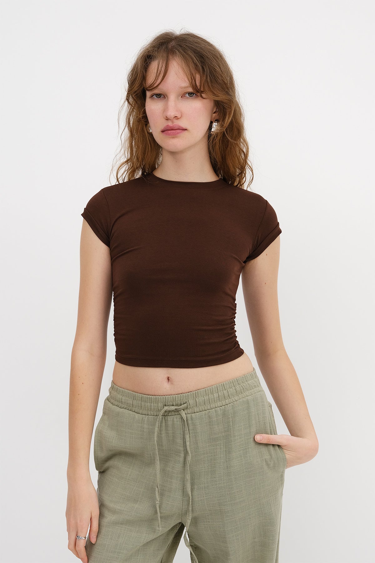 Brown_Crew-Neck-Side-Gathered-Blouse-addax