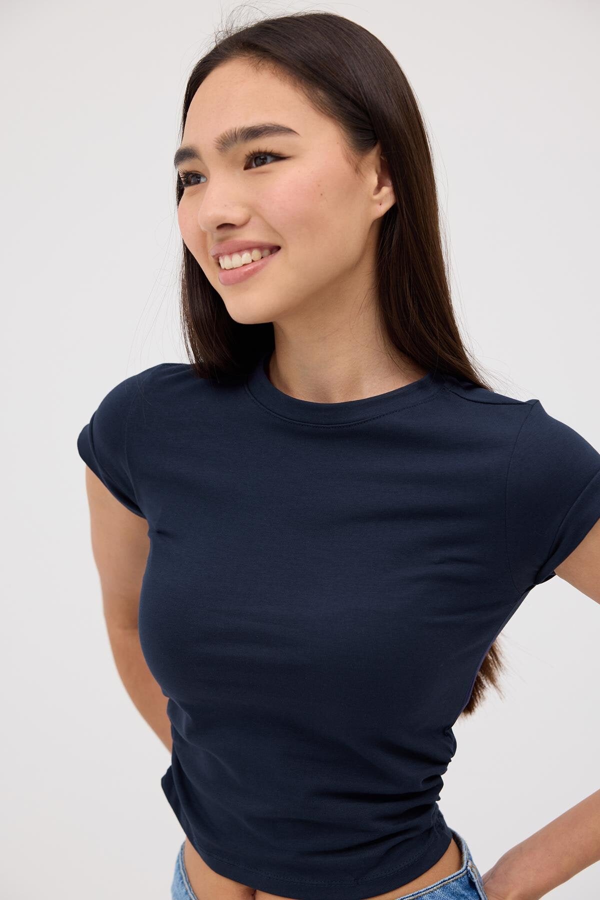 Night-Blue_Crew-Neck-Side-Gathered-Blouse-addax