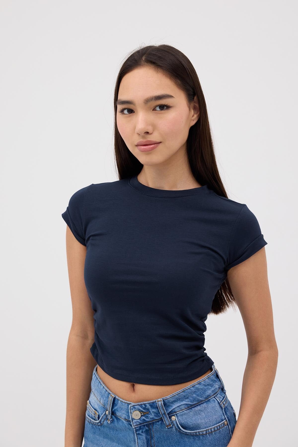 Night-Blue_Crew-Neck-Side-Gathered-Blouse-addax