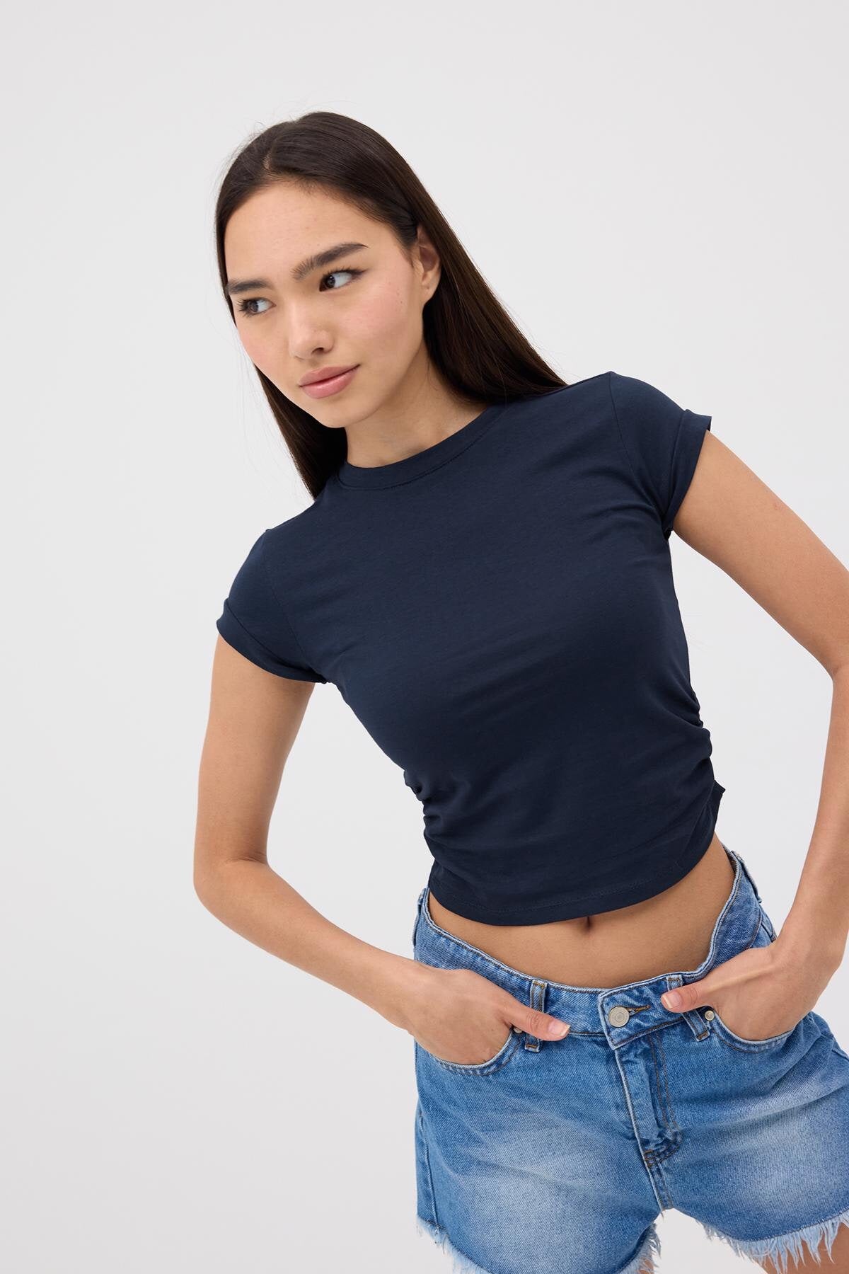 Night-Blue_Crew-Neck-Side-Gathered-Blouse-addax