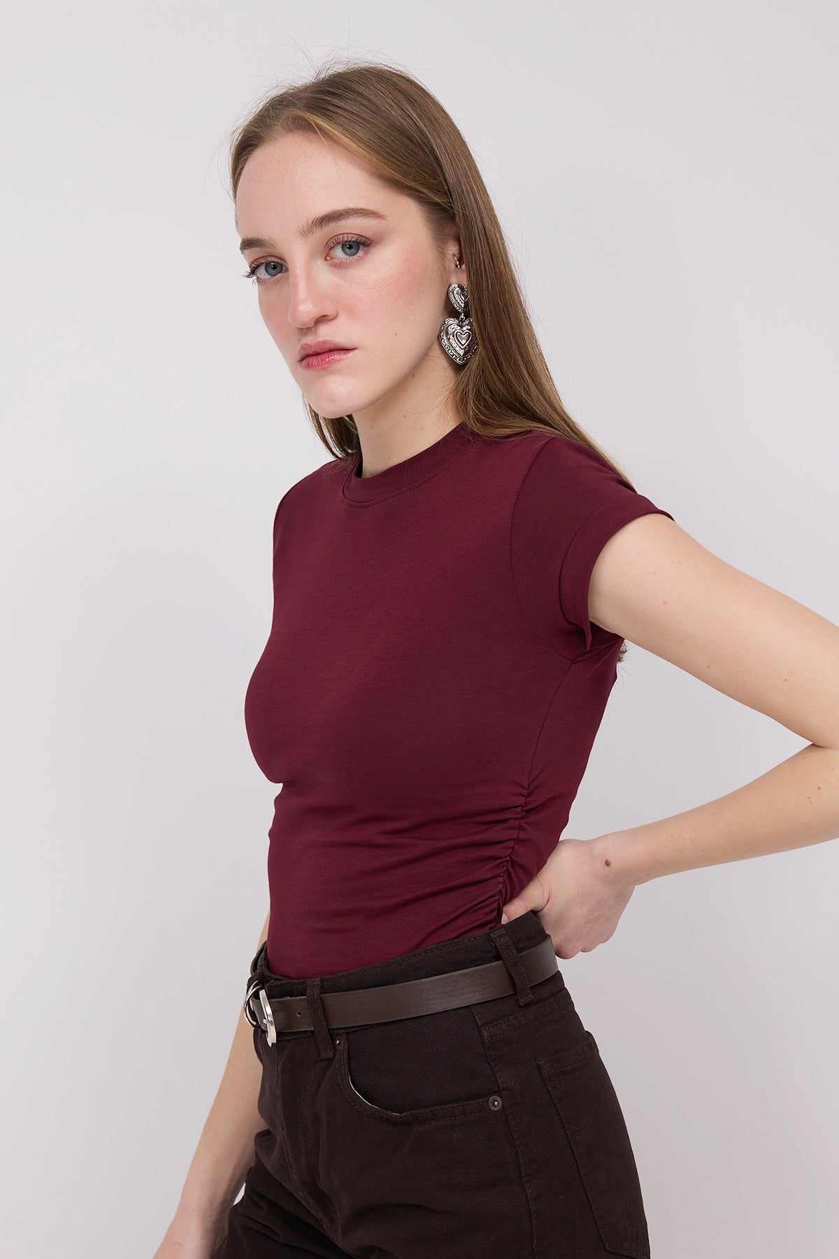Burgundy_Crew-Neck-Side-Gathered-Blouse-addax