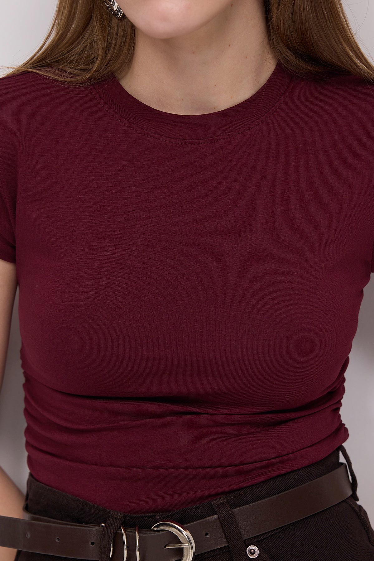Burgundy_Crew-Neck-Side-Gathered-Blouse-addax