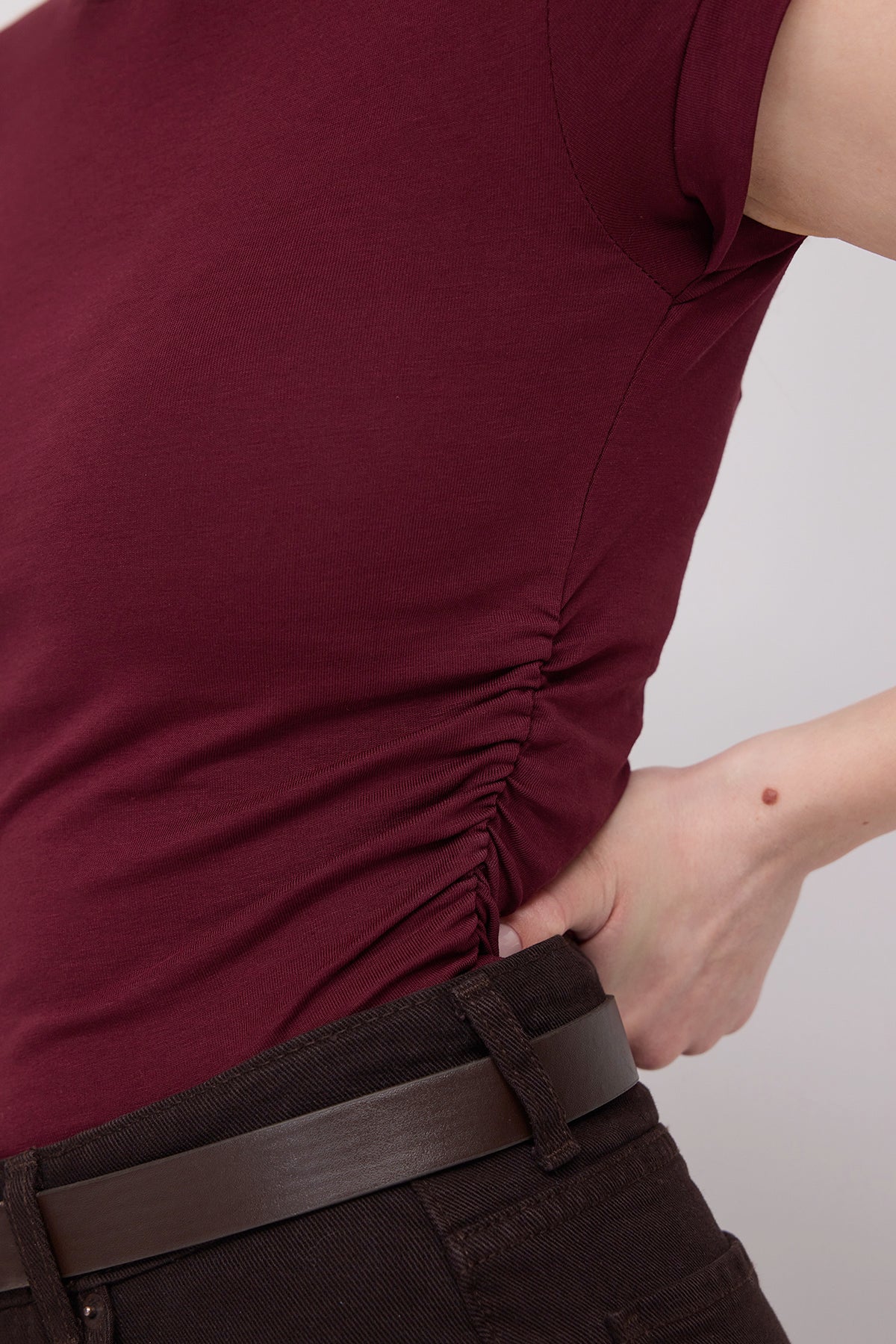 Burgundy_Crew-Neck-Side-Gathered-Blouse-addax