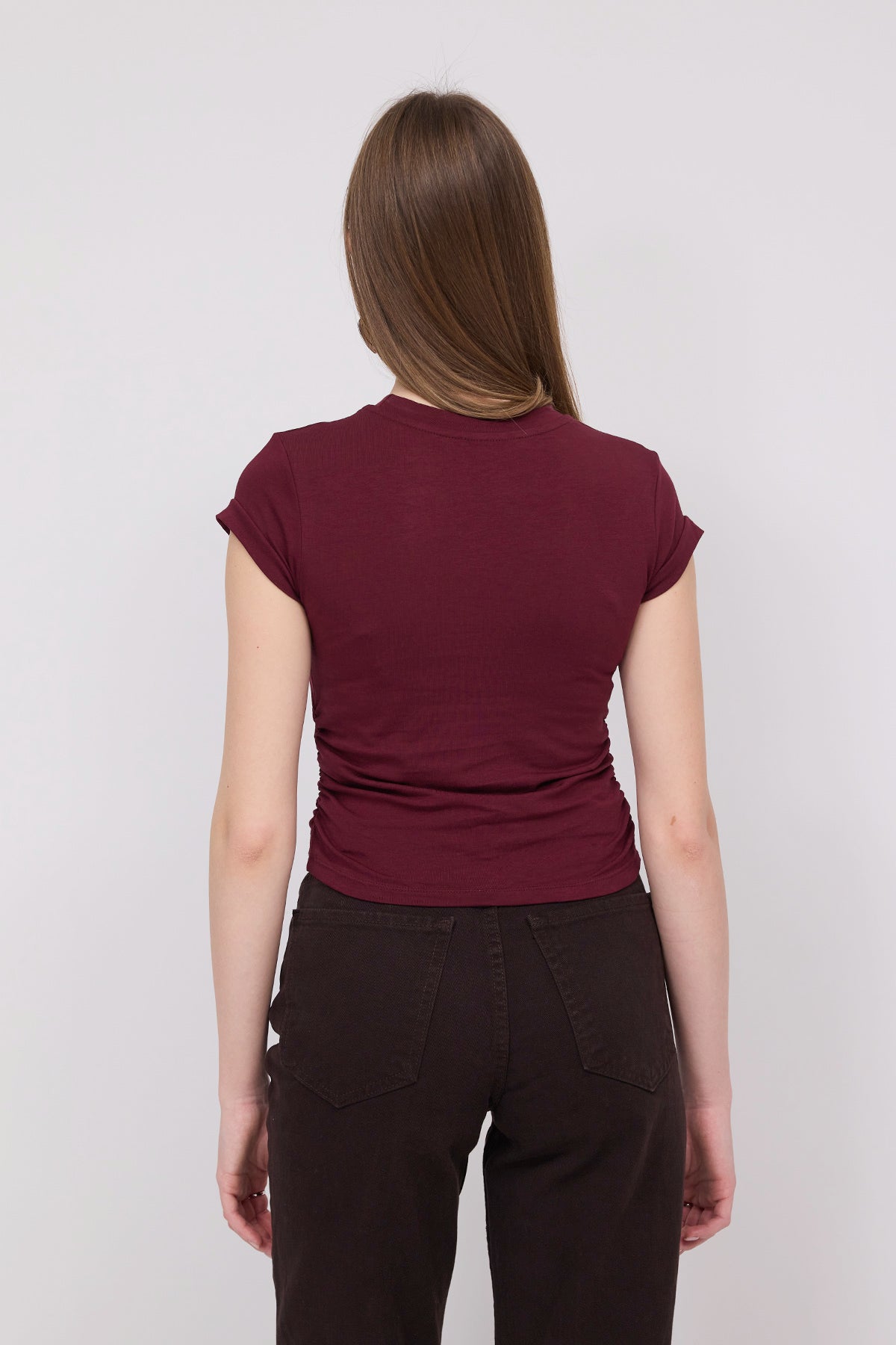 Burgundy_Crew-Neck-Side-Gathered-Blouse-addax
