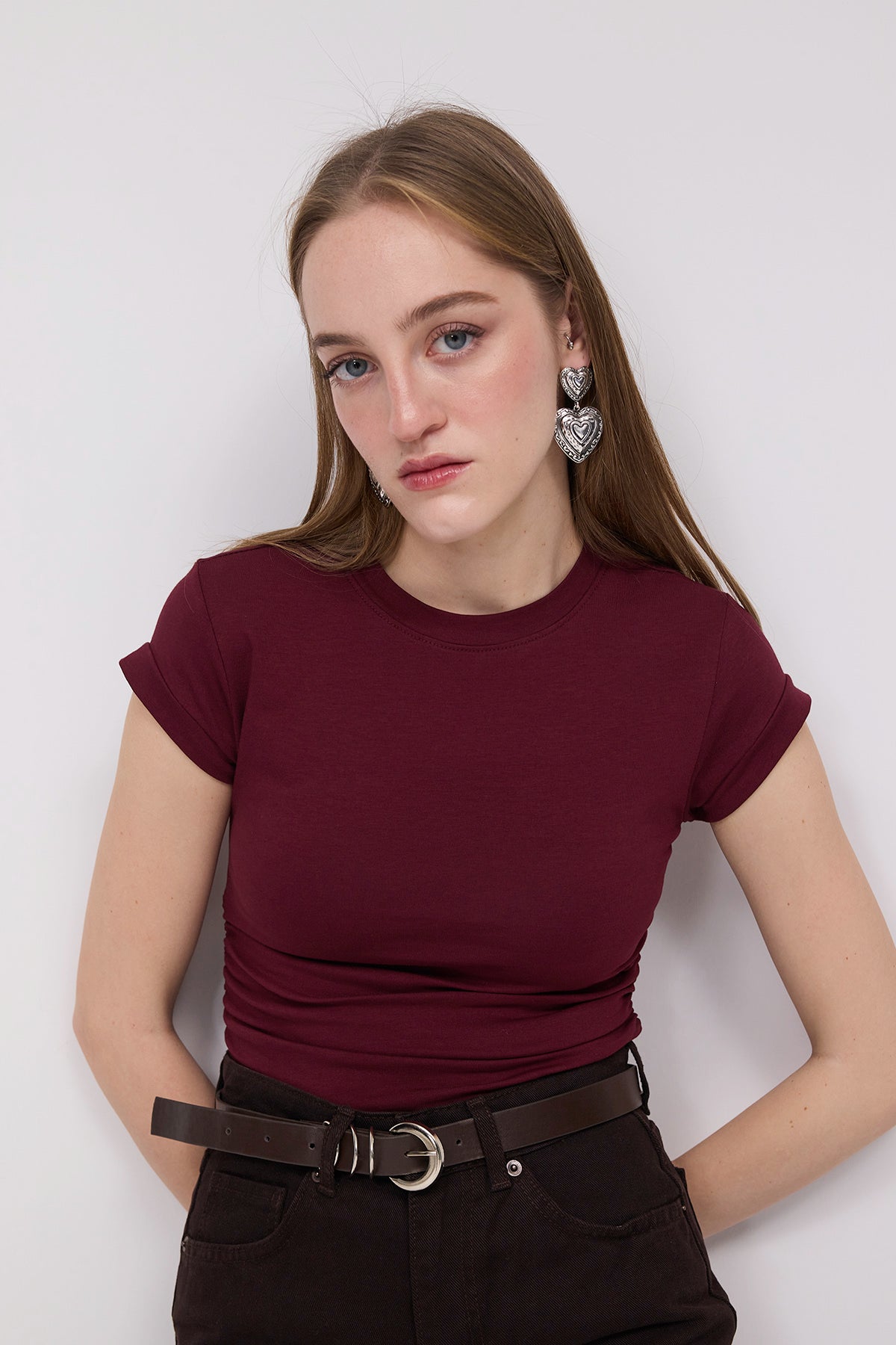 Burgundy_Crew-Neck-Side-Gathered-Blouse-addax