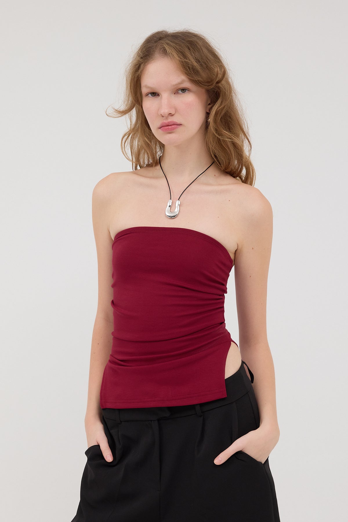 Burgundy_Strapless-Gathered-Bustier-addax