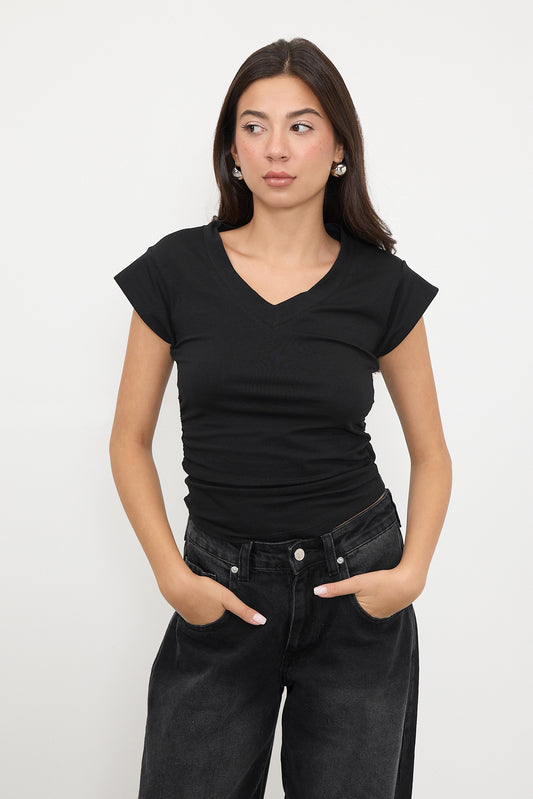 Black_Gathered-Sides-V-Neck-T-Shirt-addax