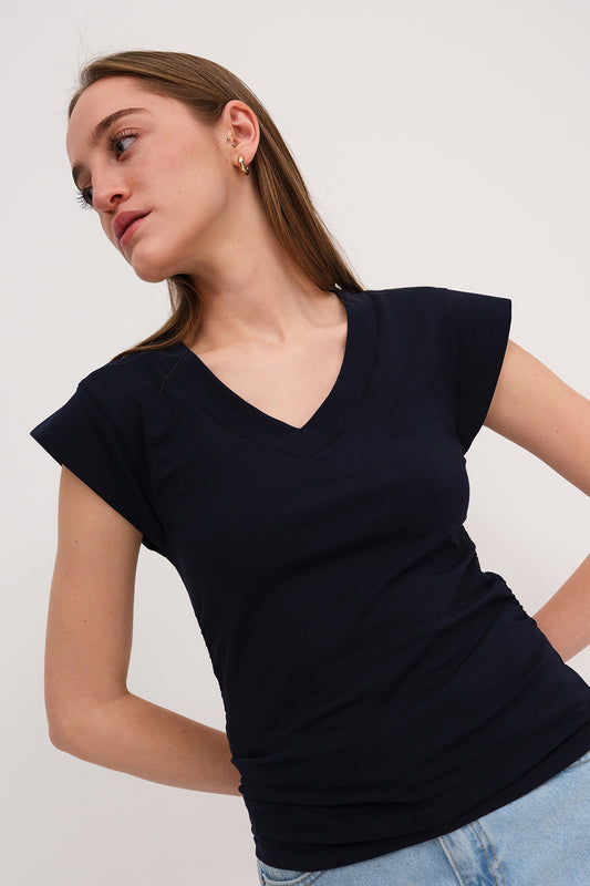 Night-Blue_Gathered-Sides-V-Neck-T-Shirt-addax