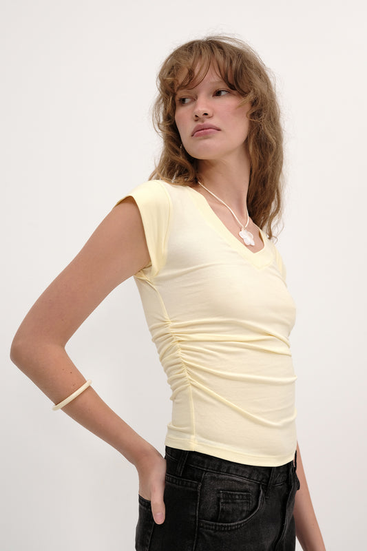 Light-Yellow_Gathered-Sides-V-Neck-T-Shirt-addax