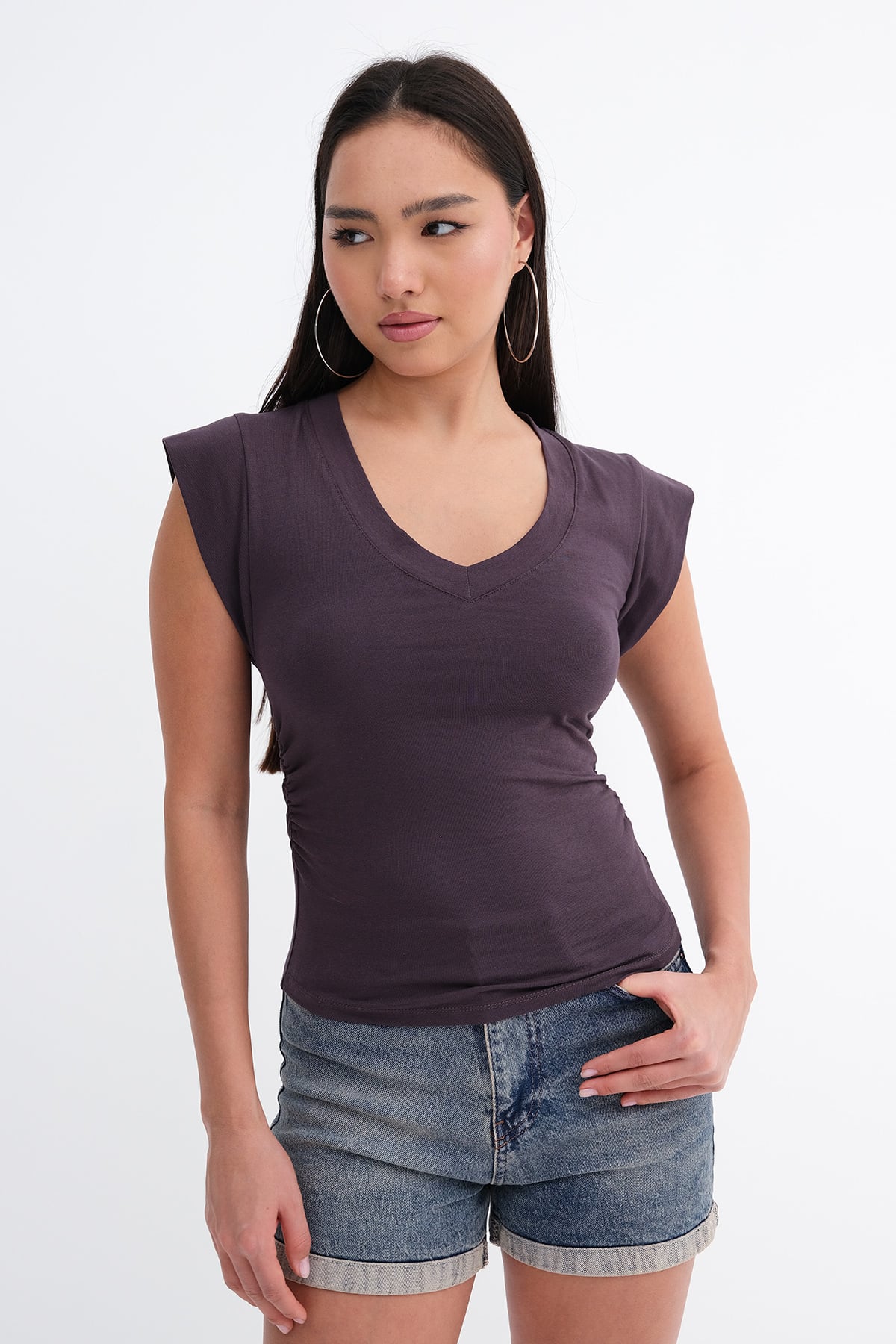 Soft-Brown_Gathered-Sides-V-Neck-T-Shirt-addax