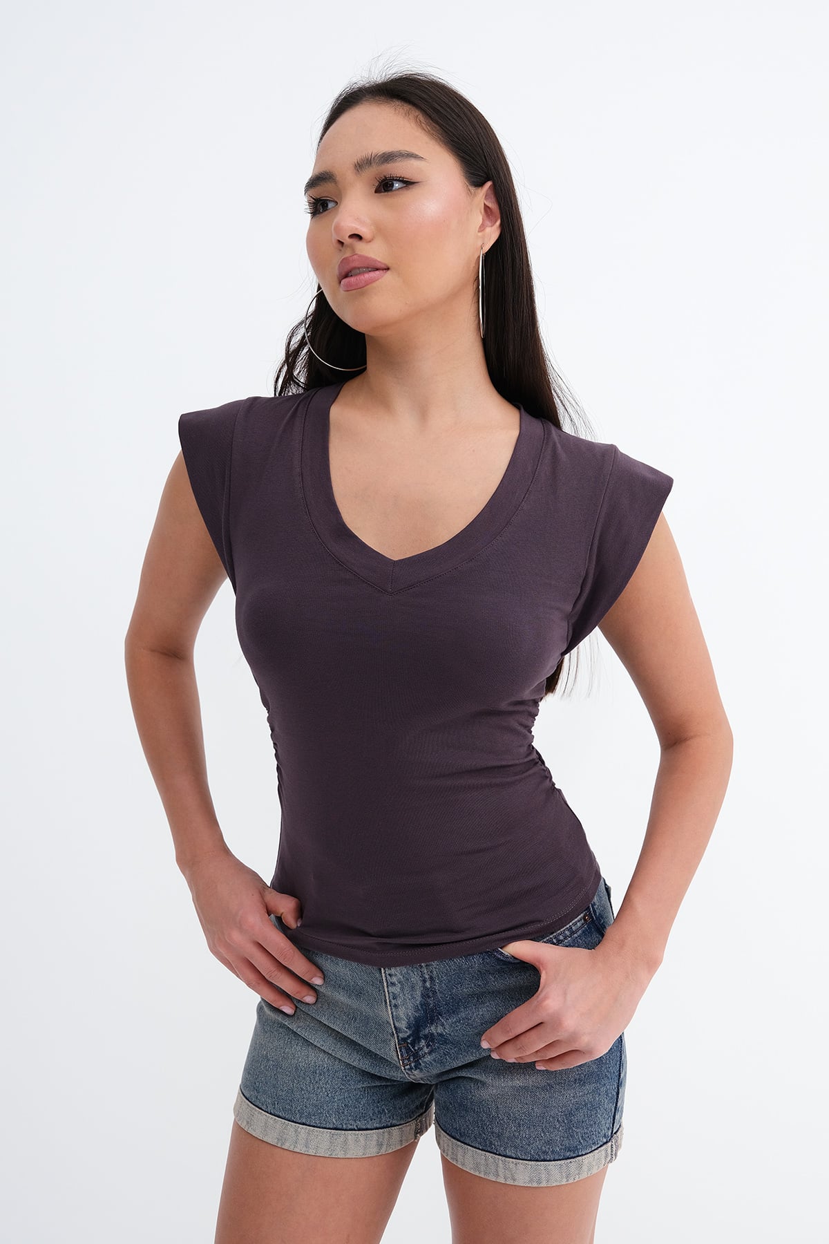 Soft-Brown_Gathered-Sides-V-Neck-T-Shirt-addax