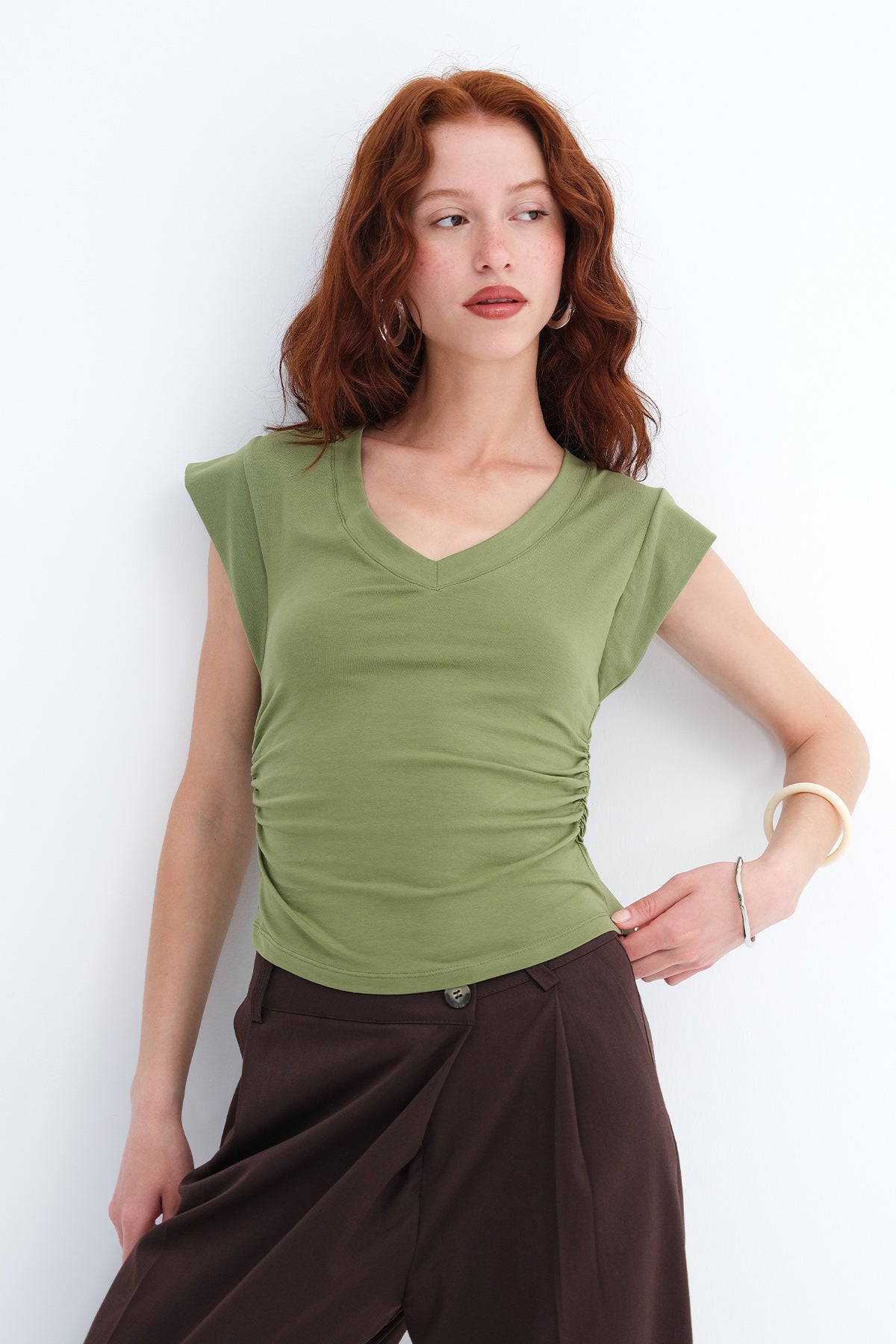 Matcha_Gathered-Sides-V-Neck-T-Shirt-addax
