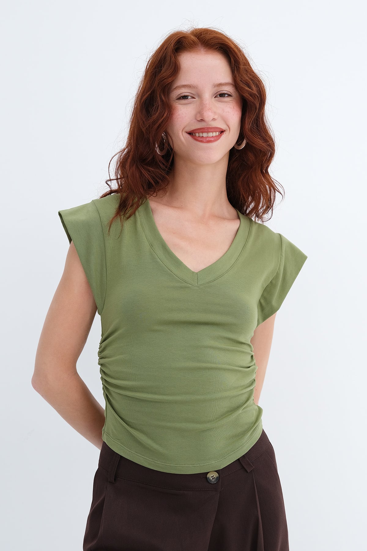 Matcha_Gathered-Sides-V-Neck-T-Shirt-addax