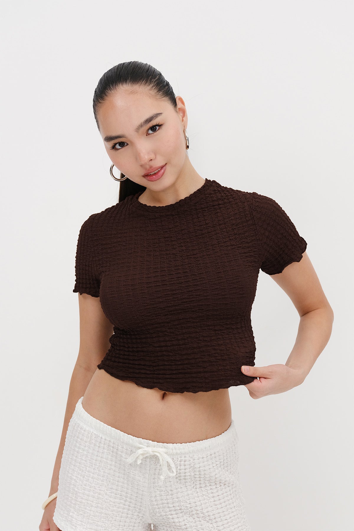Brown_Short-Sleeve-Textured-Blouse-addax