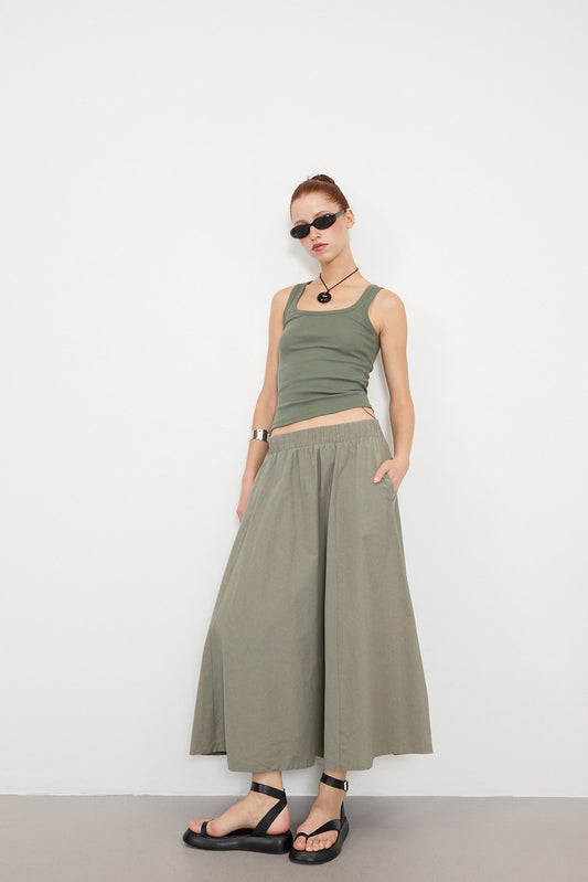 Khaki_Elastic-Waist-Long-Skirt-addax