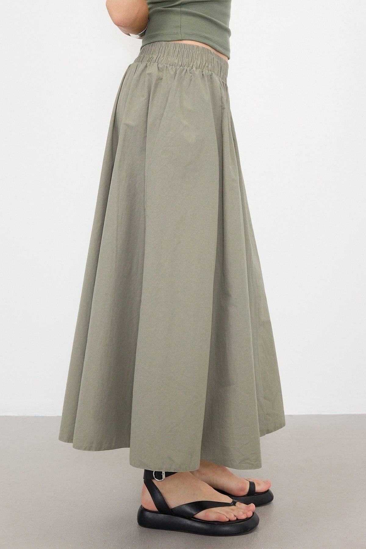 Khaki_Elastic-Waist-Long-Skirt-addax