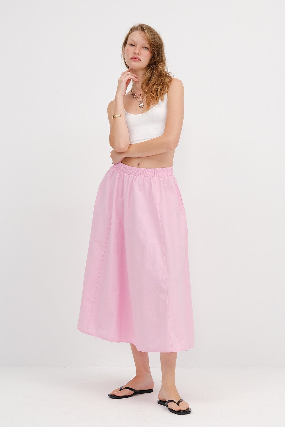 Pink_Elastic-Waist-Long-Skirt-addax