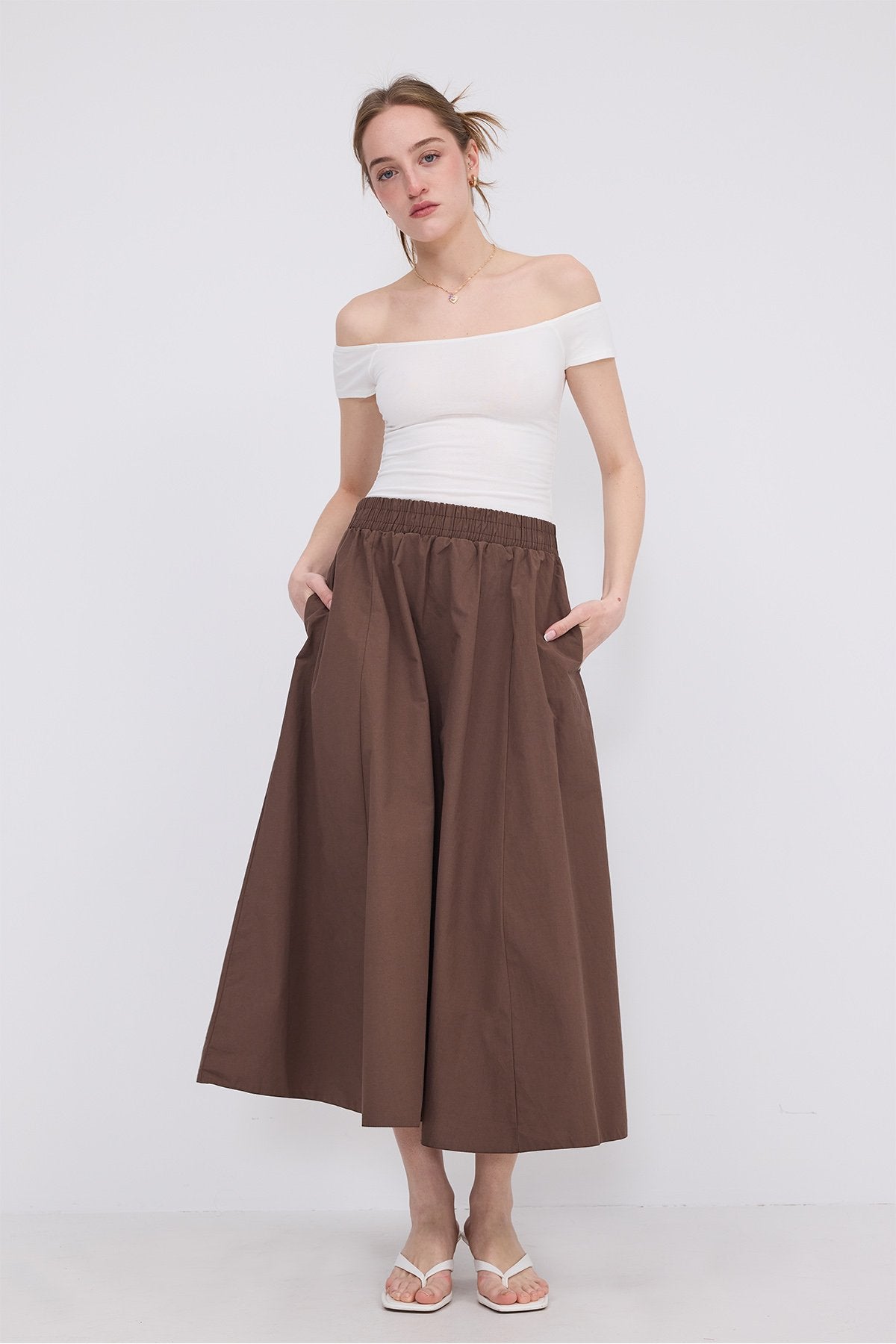 Brown_Elastic-Waist-Long-Skirt-addax